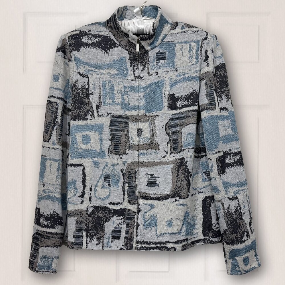 St John Womens Sweater Blue/Gray Abstract Pattern Zipper Wool Blend Knit Med.